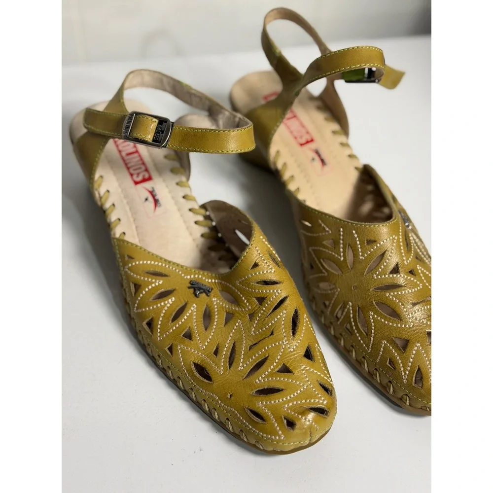 Pikolinos Sandals Olive Green Leather Laser Cut Out Ankle Strap Heels 36 Women